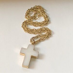 White Stone Cross Pendant Gold Tone Necklace